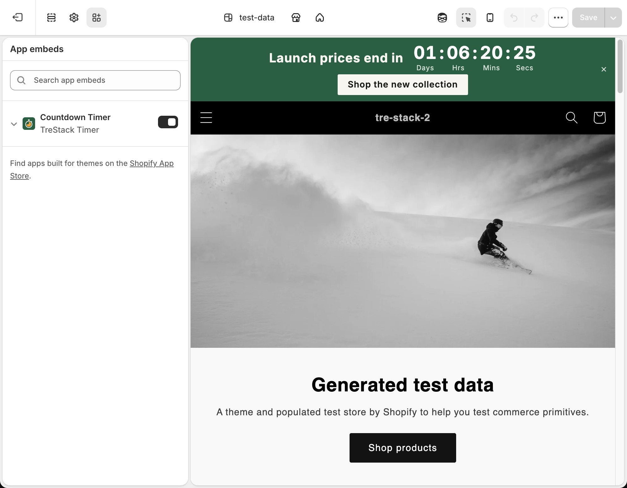The Shopify theme editor in grayscale, with the TreStack Timer app embed switched on under App embeds and the green countdown bar showing in the store preview