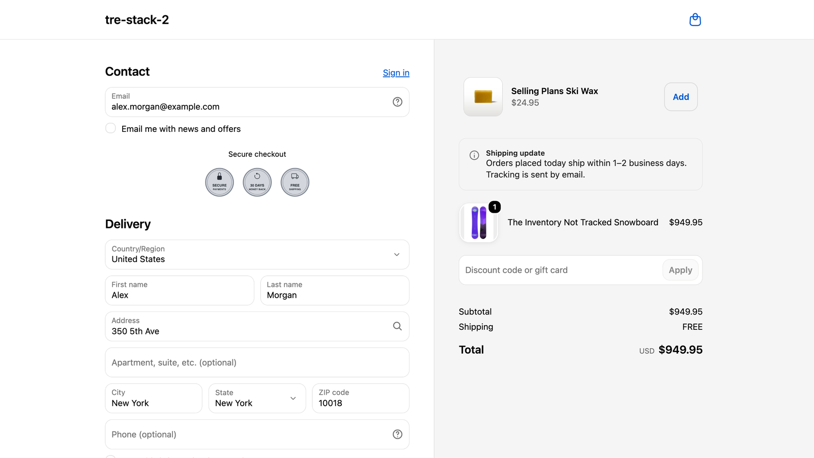 Checkout page with trust badges, a one-click upsell for ski wax and a shipping update banner added by TreStack Checkout