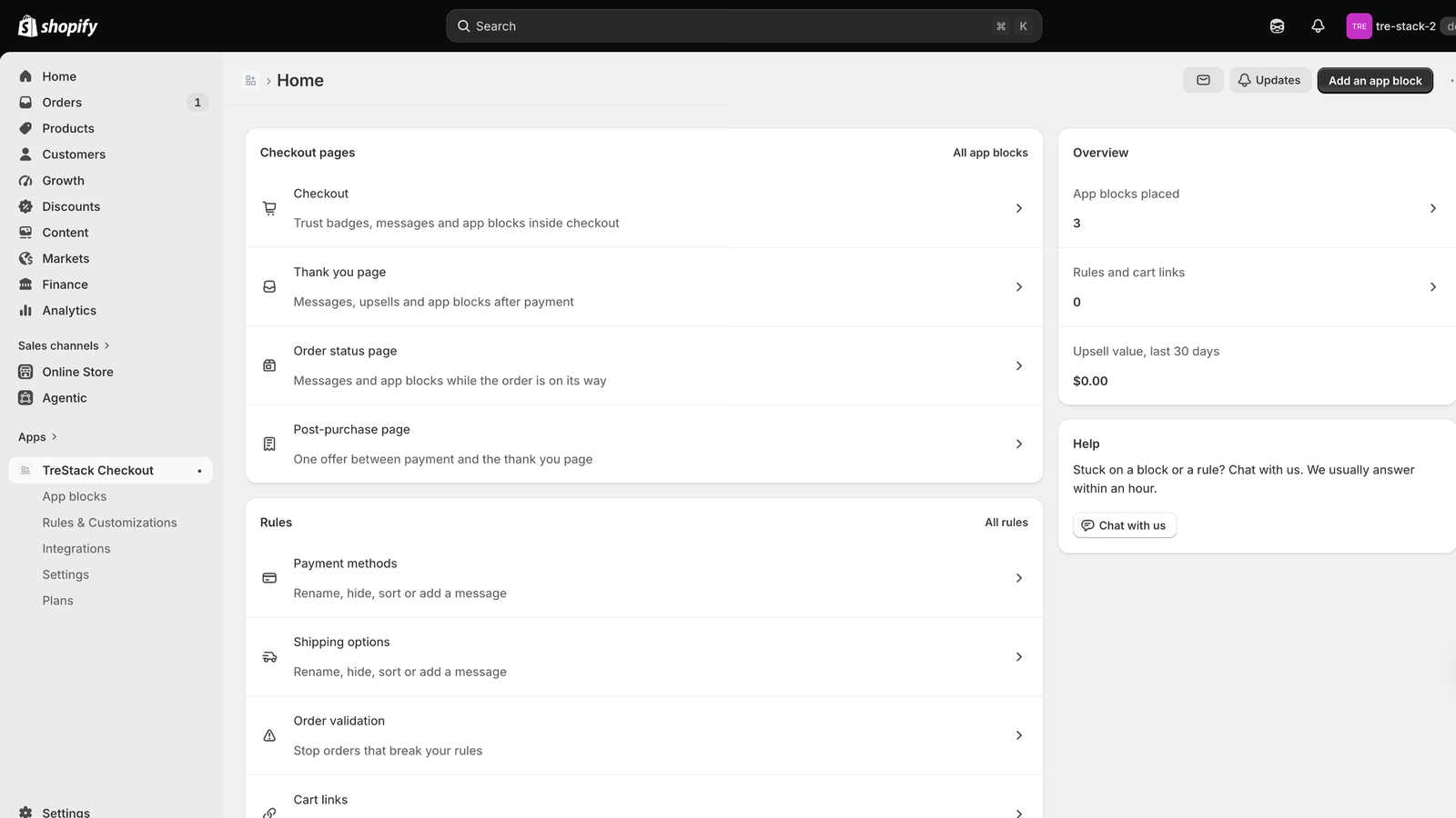 TreStack Checkout home page with a shortcut to each checkout page and rule type, and an overview of placed blocks