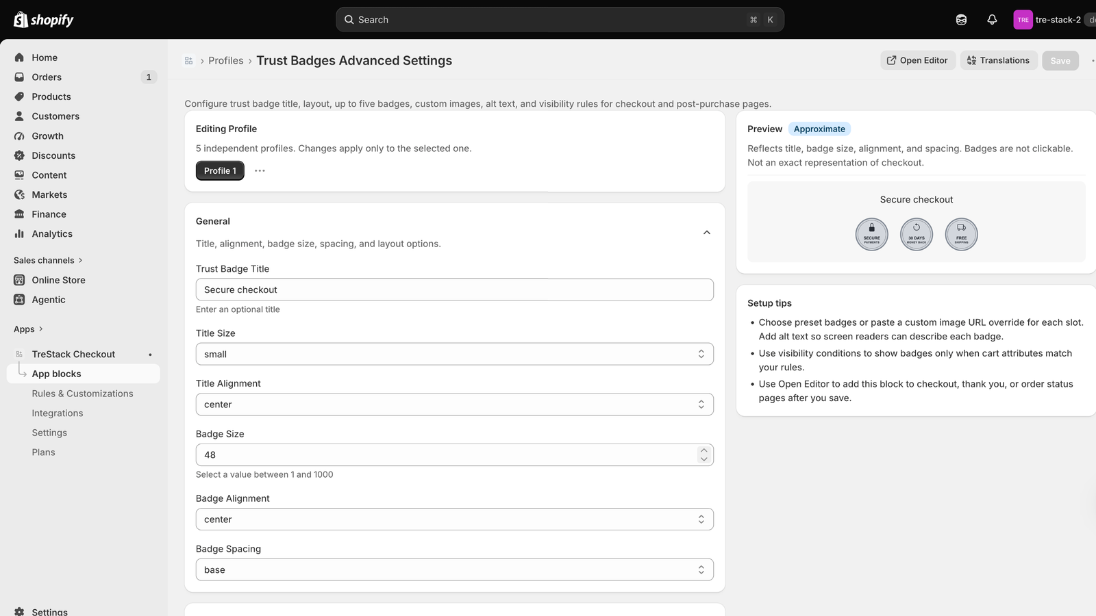 Trust Badges block settings with a live preview of the badges as buyers see them