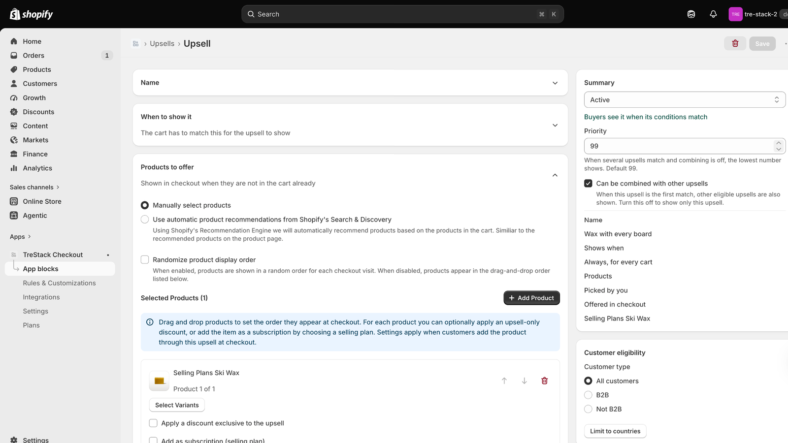 Checkout upsell editor offering a product to every cart, with priority and customer eligibility