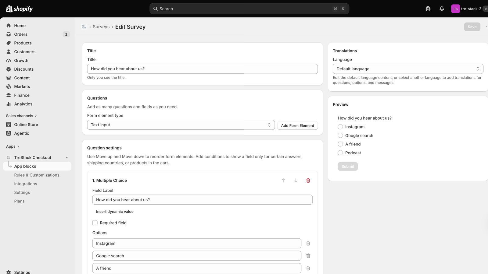 Survey editor for a "How did you hear about us?" question with a live preview