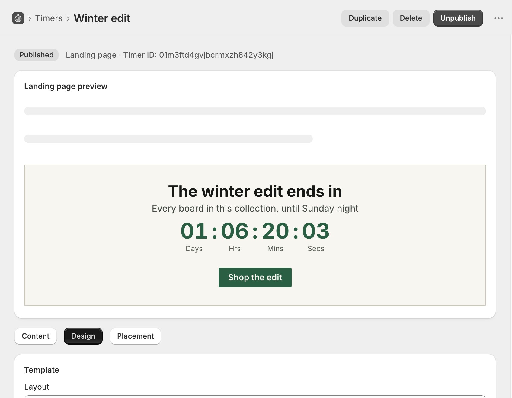 The TreStack Timer editor in grayscale, on the Design tab of a landing page timer, with its live preview in green and paper colours
