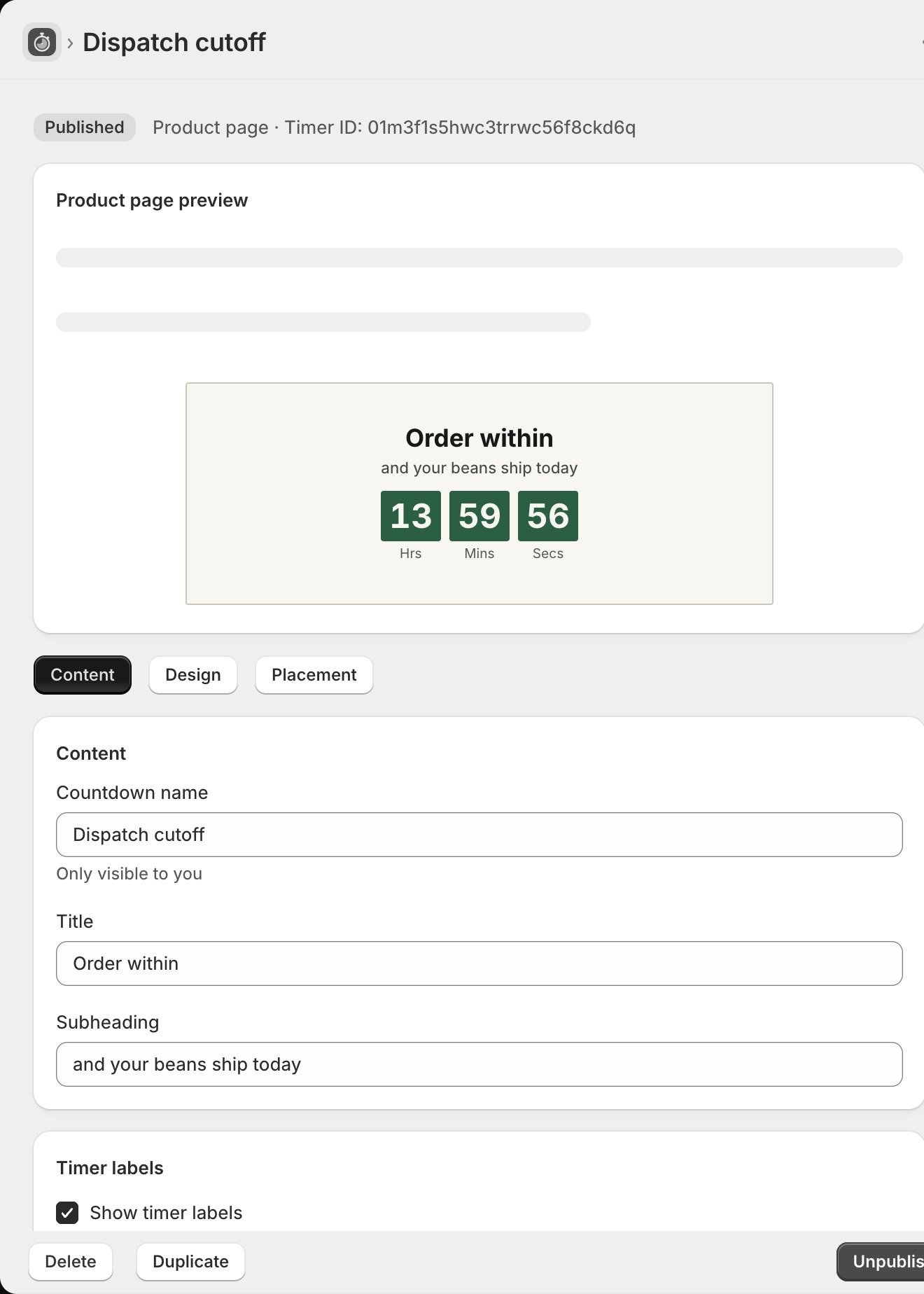 The TreStack Timer editor in grayscale, on the Content tab of a product page timer, with the live preview of the countdown in green boxes above the fields