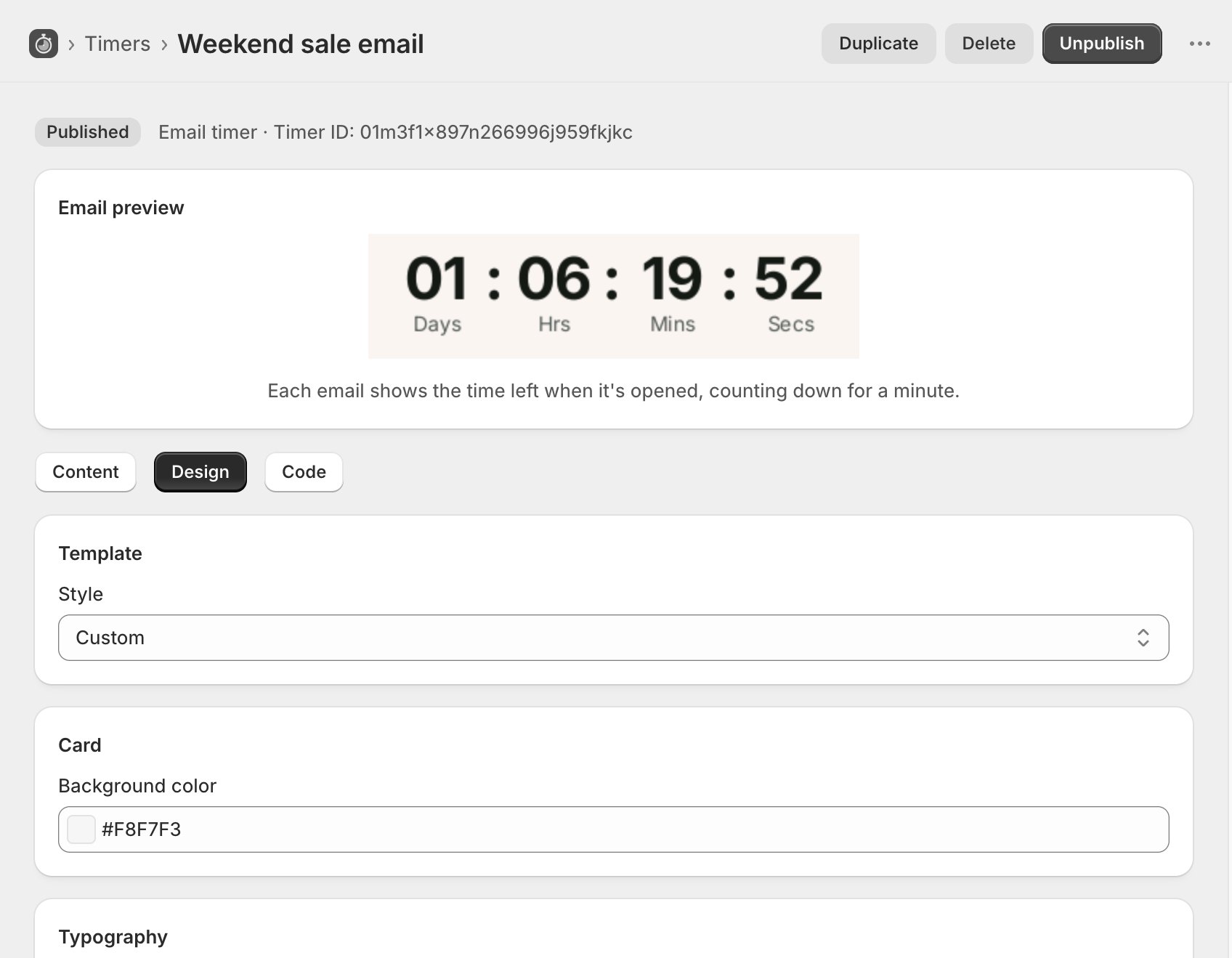 The TreStack Timer editor in grayscale, on the Design tab of an email timer, with a preview of the countdown image