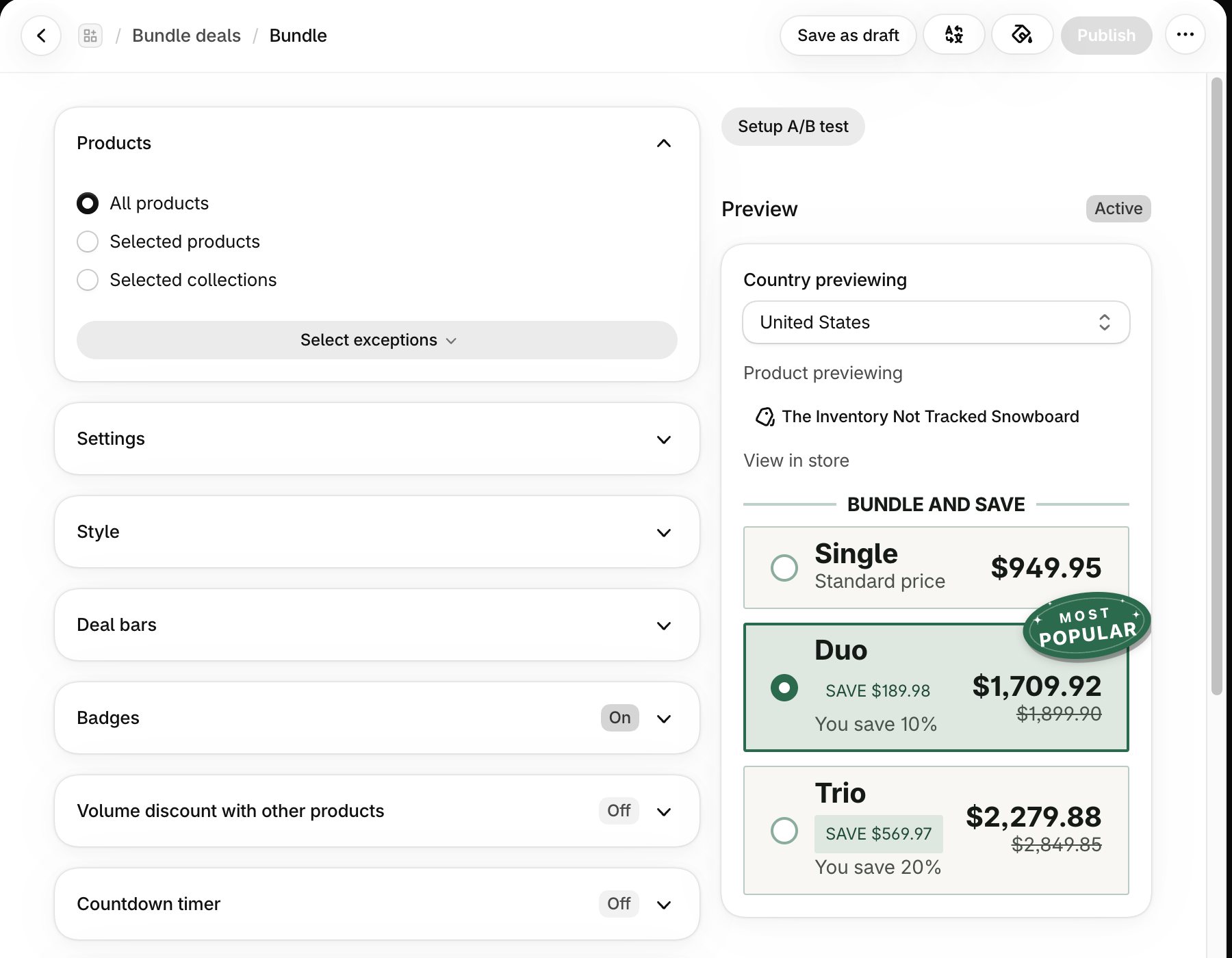 The TreStack Bundles deal editor in grayscale, with sections for products, settings, style, deal bars and badges on the left, and a live preview of the deal in green on the right