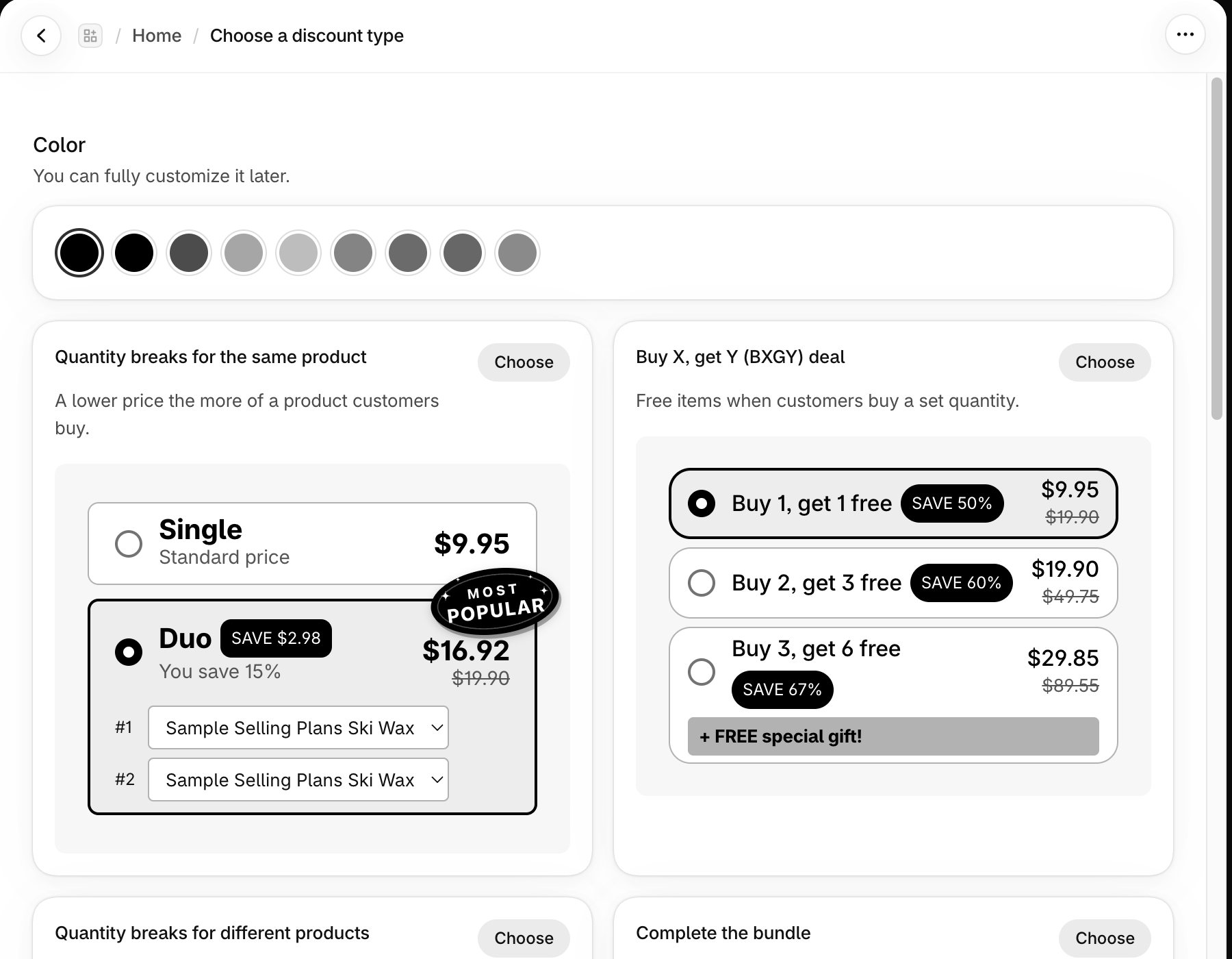 The TreStack Bundles template page in grayscale, titled Choose a discount type, with a colour picker above previews of quantity breaks, buy X get Y, quantity breaks for different products and complete the bundle