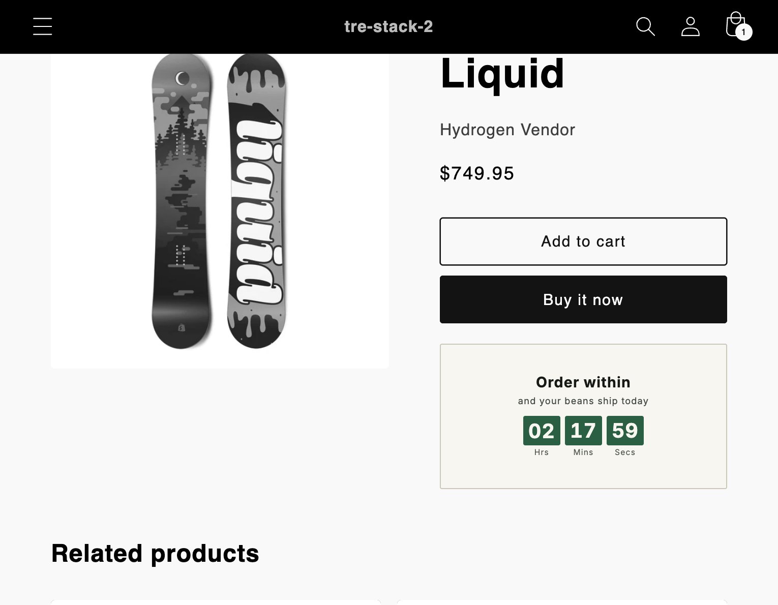 A product page in grayscale with a timer below the Add to cart and Buy it now buttons, reading Order within, and your beans ship today, the hours, minutes and seconds in green boxes