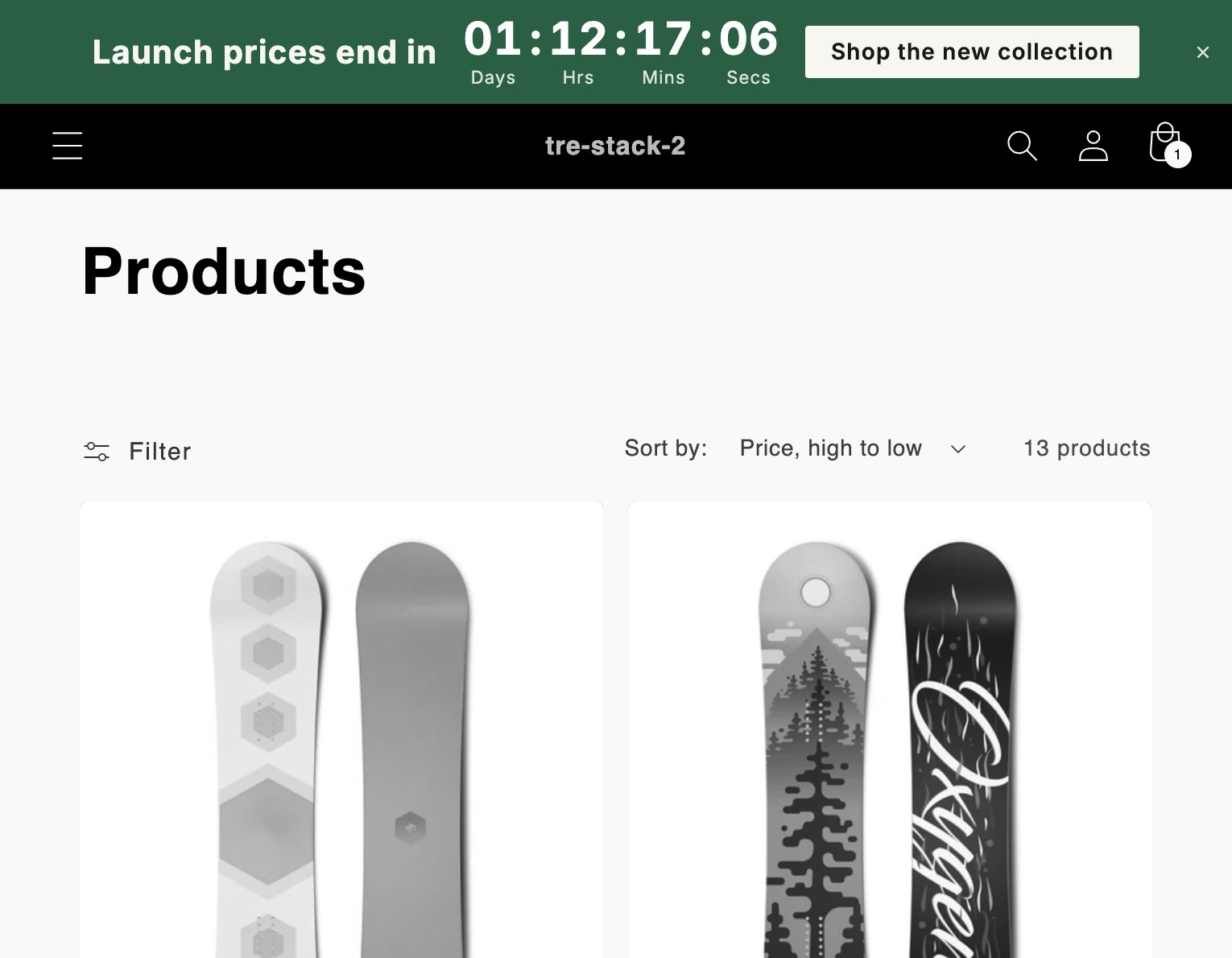 A green bar across the top of a store product listing, reading Launch prices end in, with a countdown and a Shop the new collection button. The store is shown in grayscale