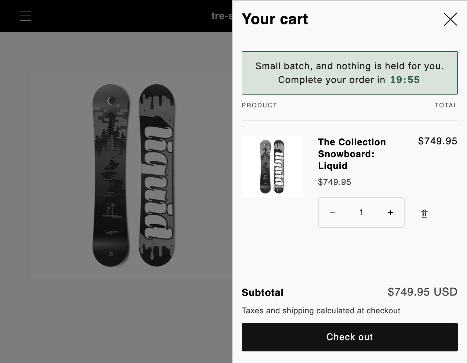 A cart drawer open over a grayscale product page, with a green edged line at the top reading Small batch, and nothing is held for you. Complete your order in 19:55