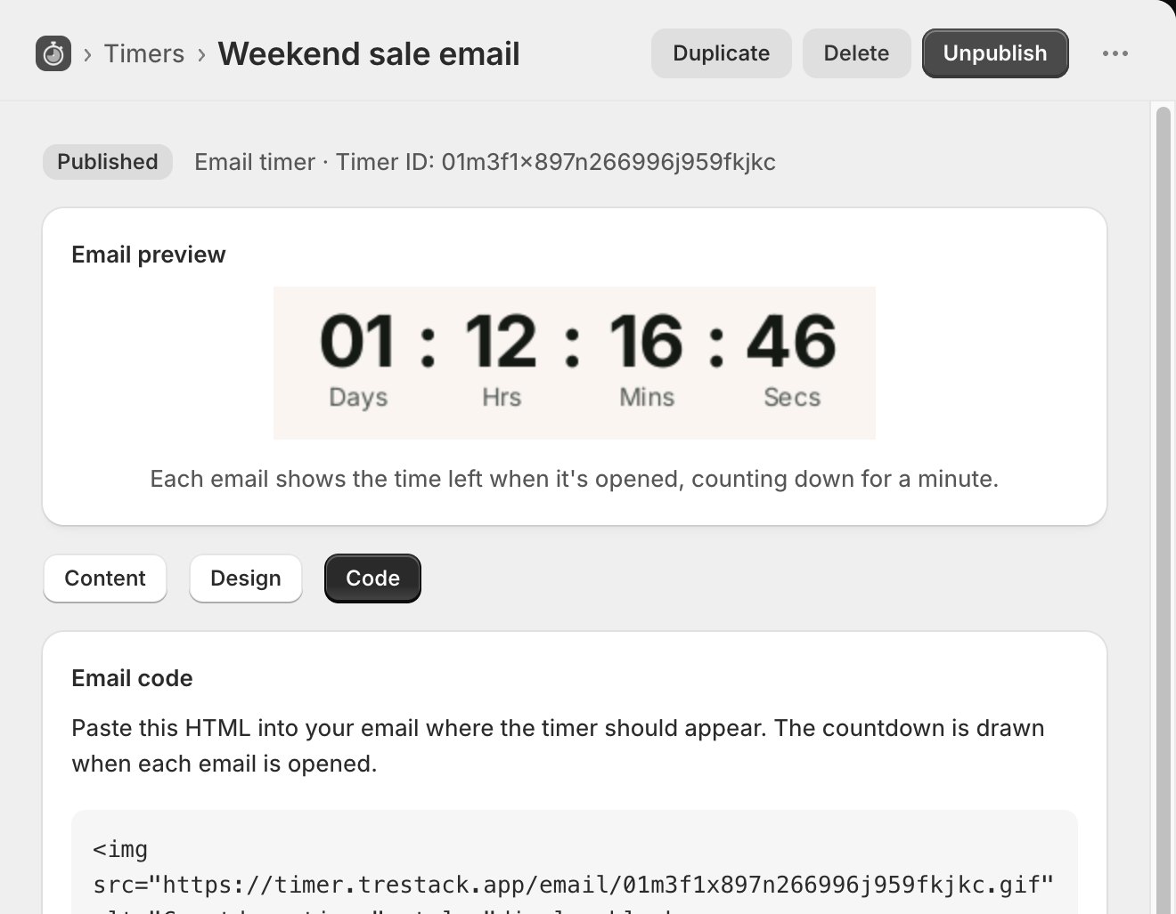 The email timer in the TreStack Timer admin, in grayscale: a preview of the countdown image above the Code tab and the HTML snippet to paste into an email