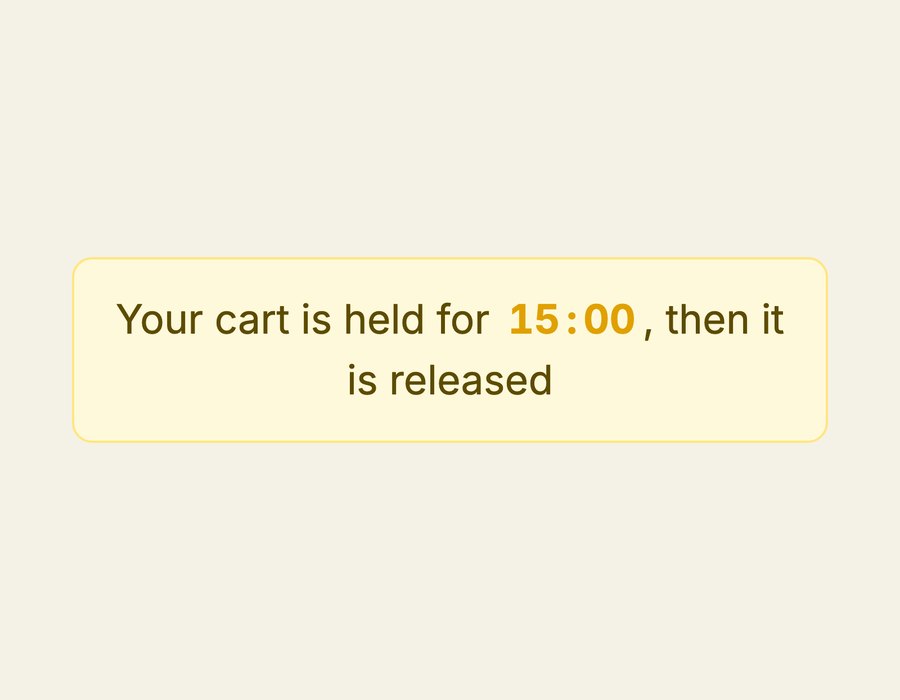 A pale yellow cart timer reading Your cart is held for, with the countdown inline, then it is released