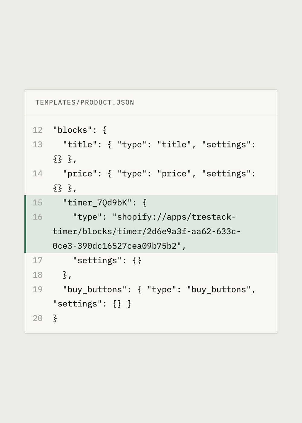 An excerpt of templates/product.json in which an app block is stored as a block entry with a shopify://apps type