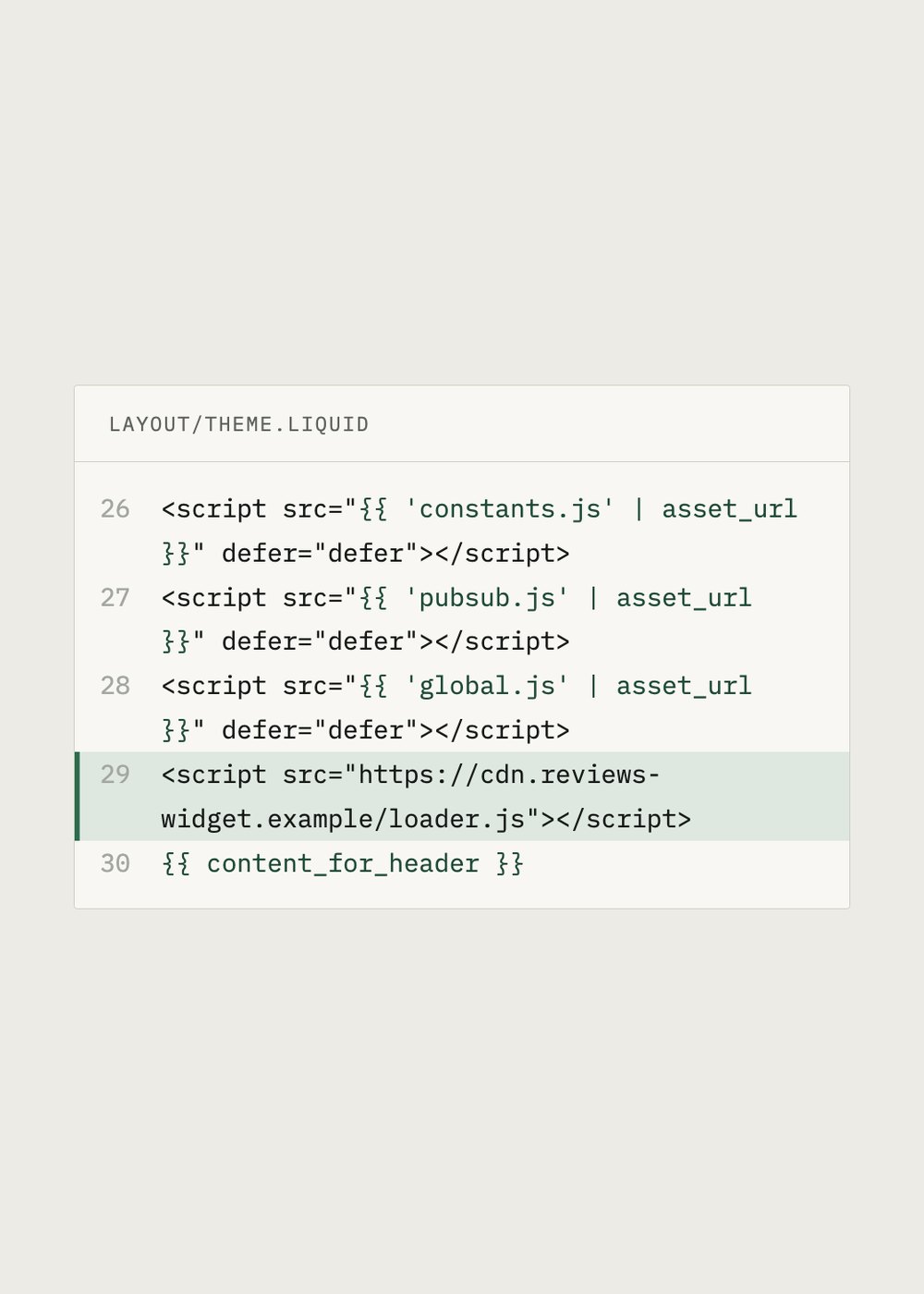 An excerpt of layout/theme.liquid with a leftover script tag loading a widget from an outside domain