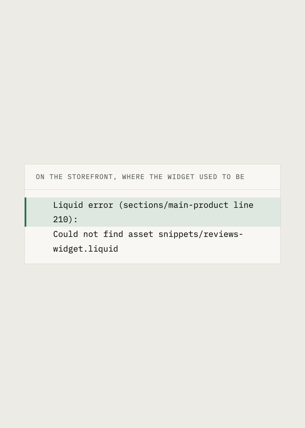 The Liquid error a storefront shows when a render tag points at a snippet that no longer exists