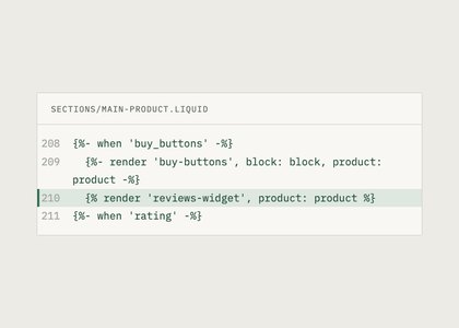 An excerpt of sections/main-product.liquid with a hard coded render tag for a reviews widget under the buy buttons