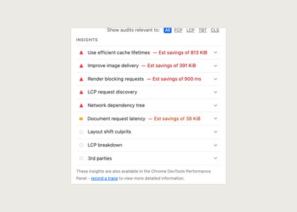 The Insights list of a Lighthouse report, with cache lifetimes, image delivery and render blocking requests flagged