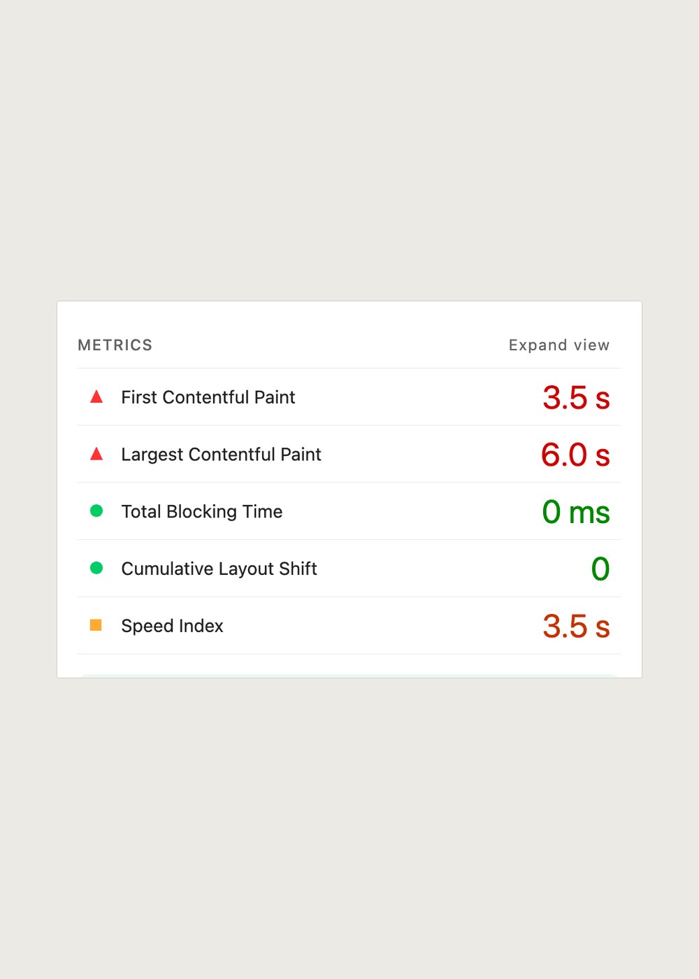 The metrics panel of a Lighthouse mobile report: First Contentful Paint 3.5 s, Largest Contentful Paint 6.0 s, Total Blocking Time 0 ms, Cumulative Layout Shift 0, Speed Index 3.5 s