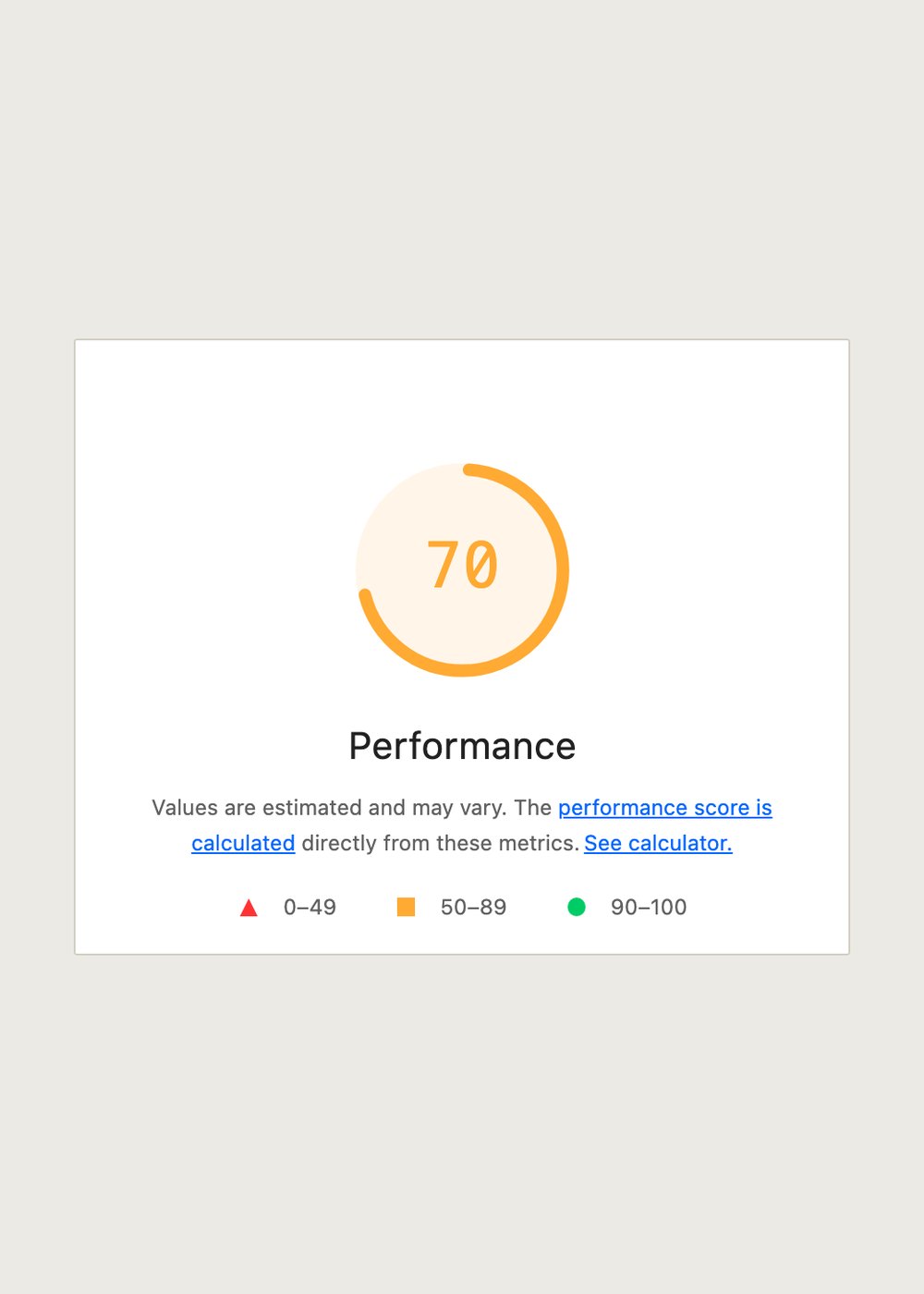 The Performance score of a Lighthouse mobile report, 70, with the score ranges below it