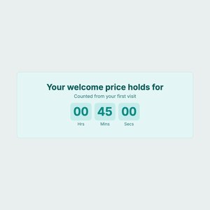 A teal product page timer reading Your welcome price holds for, counted from the shopper's first visit