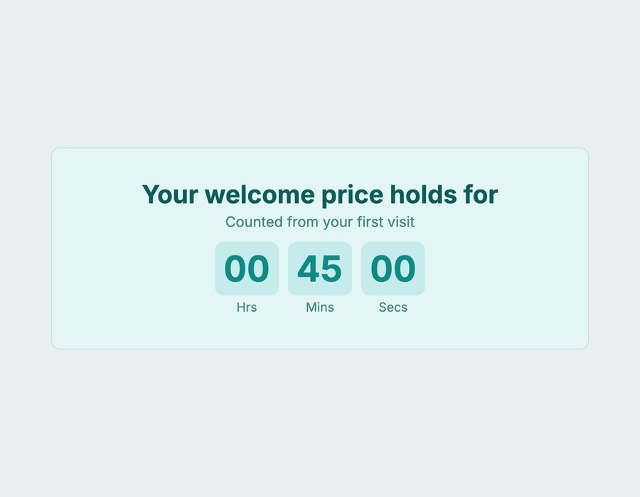 A teal product page timer reading Your welcome price holds for, counted from the shopper's first visit
