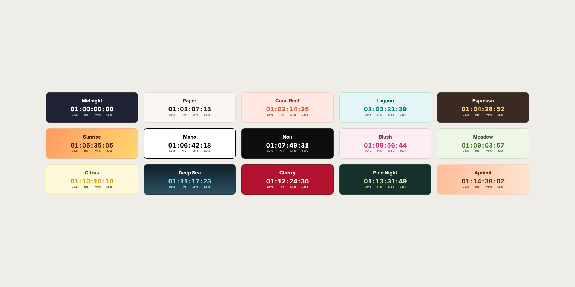 TreStack Timer's colour presets side by side, each a small countdown titled with its preset's name