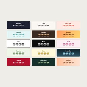 TreStack Timer's colour presets side by side, each a small countdown titled with its preset's name