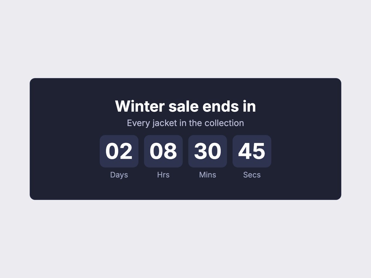 A navy product page timer reading Winter sale ends in, with the days, hours, minutes and seconds in separate boxes